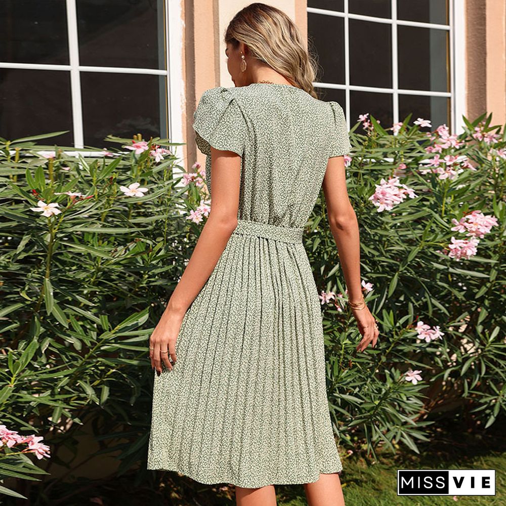 Green Printed Pleated V-neck Dress