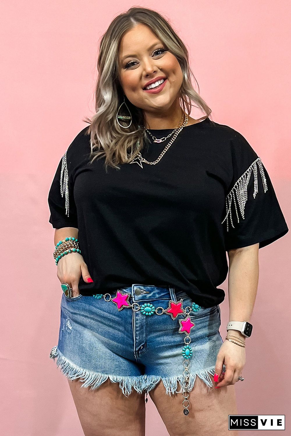 Black Plus Size Short Sleeve Fringe Knit T-Shirt