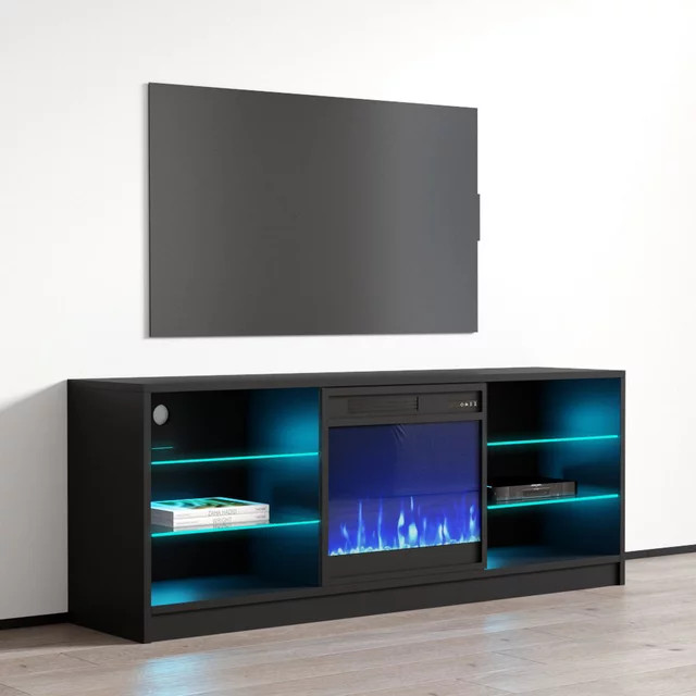 Modern Entertainment Center  LED Lighted Glass Shelves  ampFireplace With Remote   Modern   Entertainment Centers And Tv Stands   by Declusia  Houzz