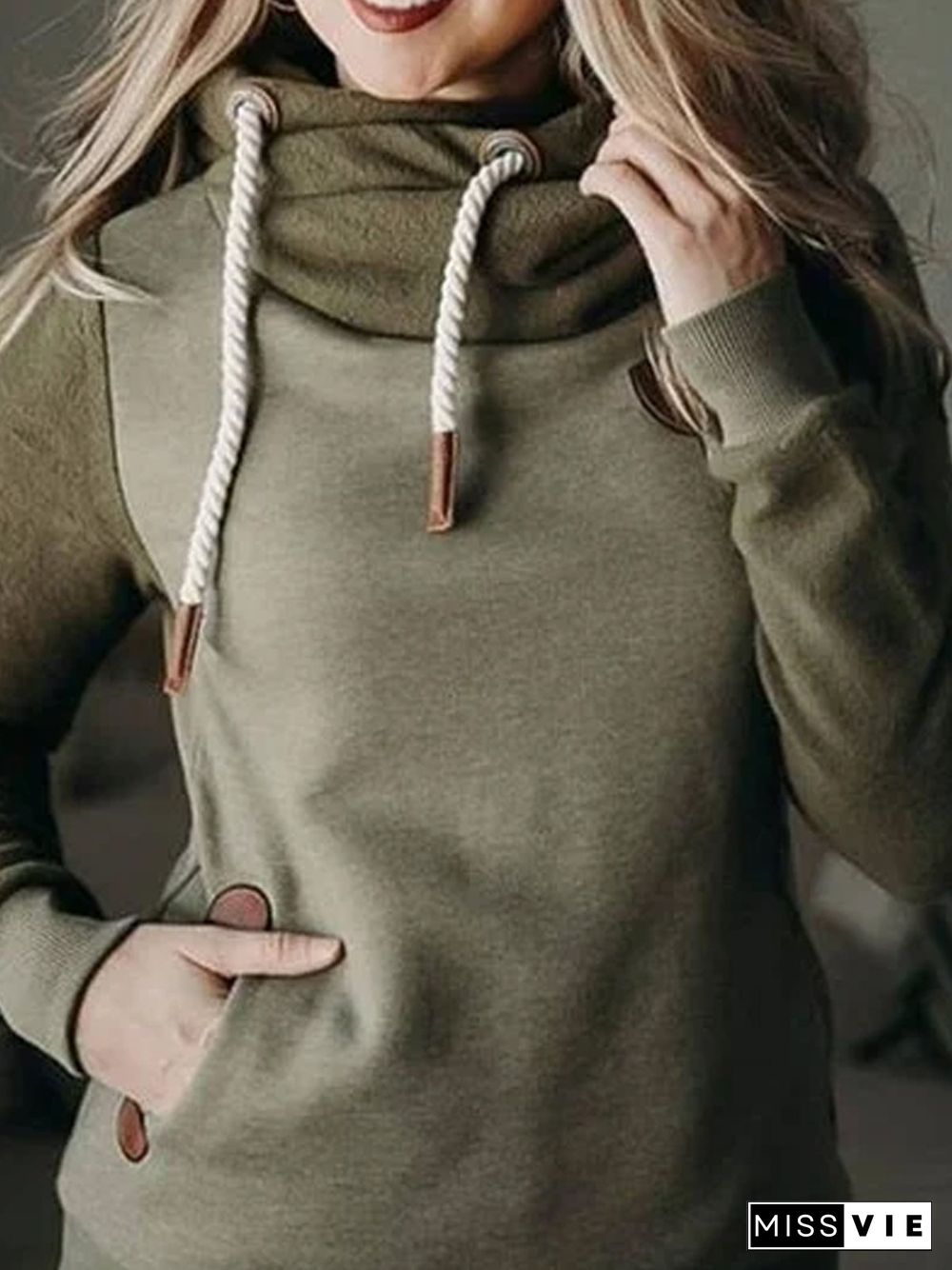 Army Green Long Sleeve Patchwork Cotton-Blend Hoodie Sweatshirts