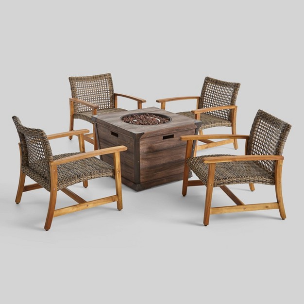 Hampton 5pc Wood amp Wicker Club Chair Set With Fire Pit Christopher Knight Home