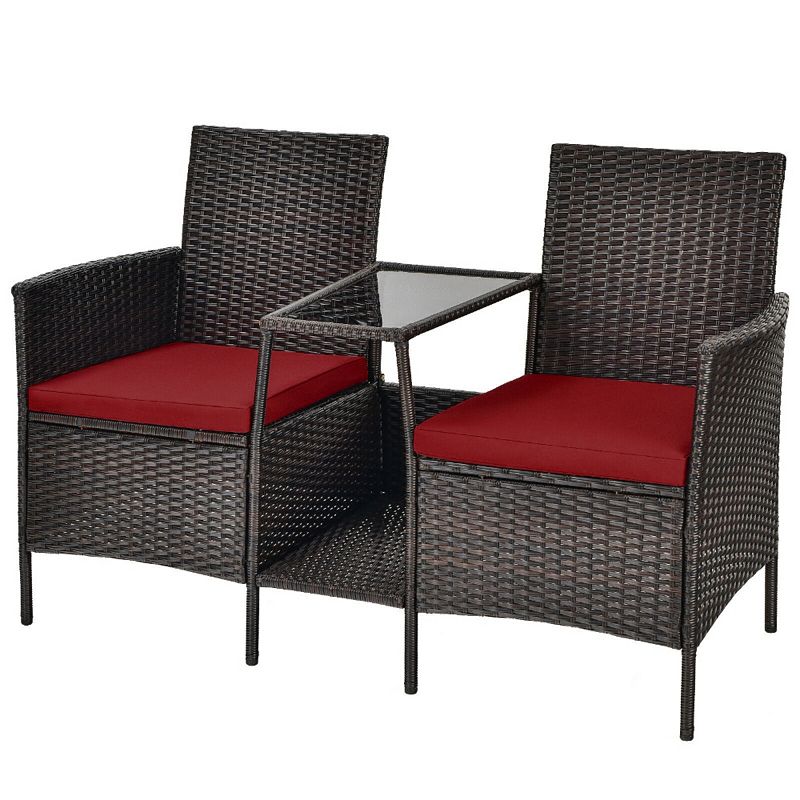 Patio Rattan Wicker Conversation Loveseat with attached coffee table