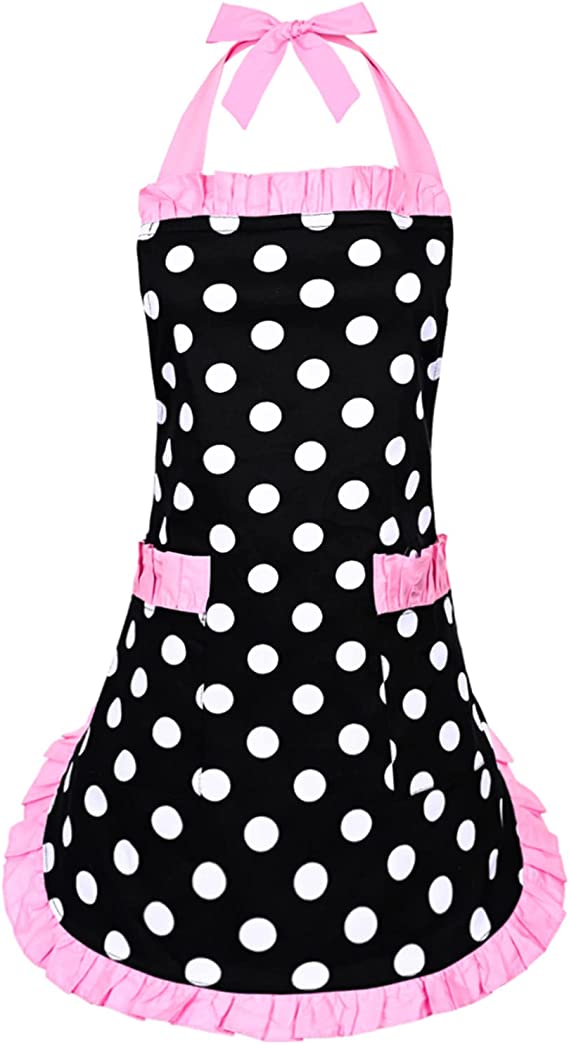 Egebert Cute Retro Apron for Women with Pockets 50s Black Vintage Aprons Sexy Chef Apron Funny Kitchen Cooking Apron Polka Dot Adjustment Waist Flirty Apron Dress Christmas Mother's Gifts (Pink)