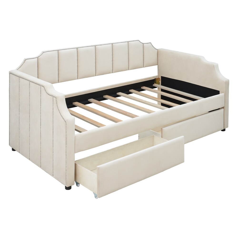 Twin Size Upholstered Daybed with Drawers   Wood Slat Support  Beige