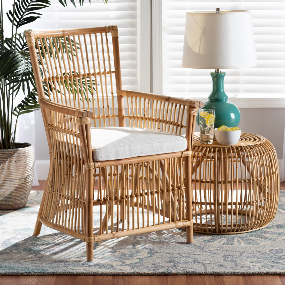 Modern Bohemian Accent Chair  Openwork Natural Rattan Frame With Cushioned Seat   Tropical   Armchairs And Accent Chairs   by Declusia  Houzz