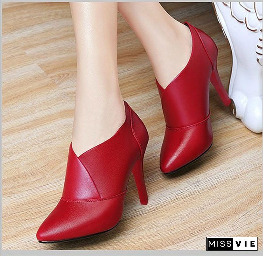 33-41 Fashion Women Leather High Heels Dress Shoes Pointed Toe Ankle Boots Thin Heels Pumps