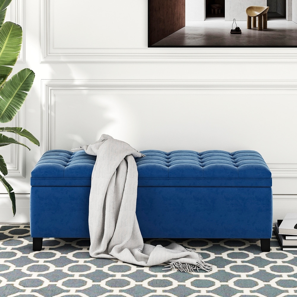 Blue Button Tufted Ottoman w/ Storage Bench Upholstered Fabrics