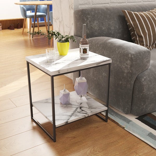 Roomfitters 2 Tier White Faux Marble Print End Table