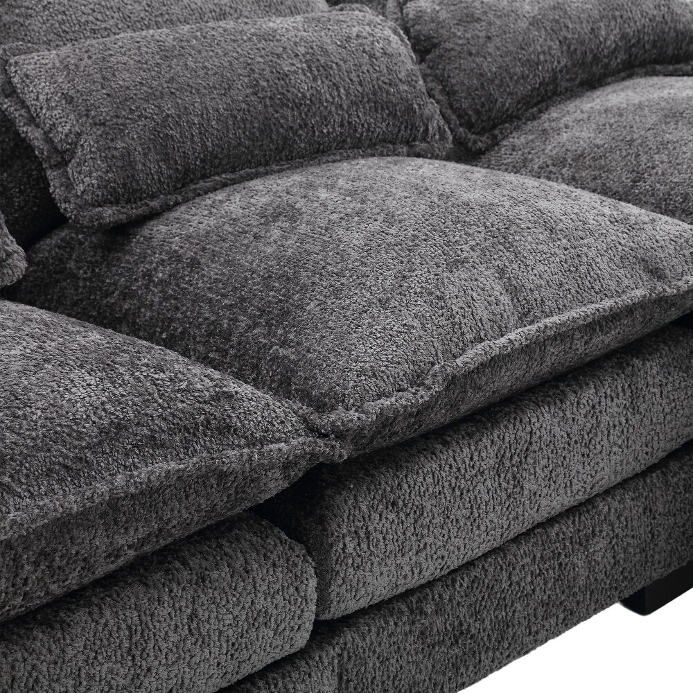 Chenille Fabric Sofa Large Reversible Chaise for Livingroom Thick Cushion Settee w/ Symmetrical Recliner Ottomans  Pillows  Gray