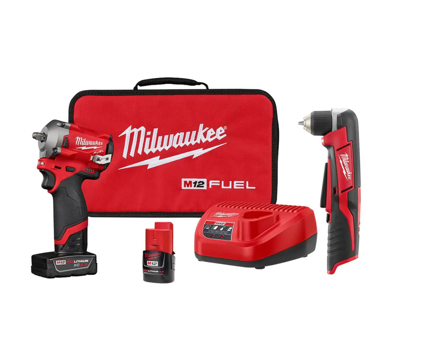 Milwaukee 2554-22-2415-20 M12 FUEL 12V Lithium-Ion Brushless Cordless Stubby 3/8 in. Impact Wrench Kit with M12 3/8 in. Right Angle Drill