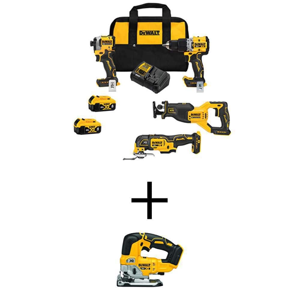 DEWALT 20V Maximum Lithium-Ion Cordless Brushless 4 Tool Combo Kit and 20V Maximum XR Cordless Brushless Jigsaw DCK4050M2WS334B