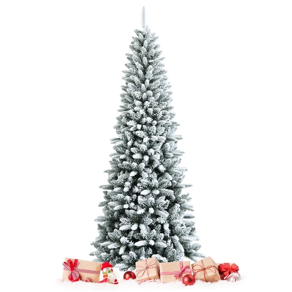 7.5FT Slim Snow Flocked Christmas Tree Hinged Pencil Tree with Stand