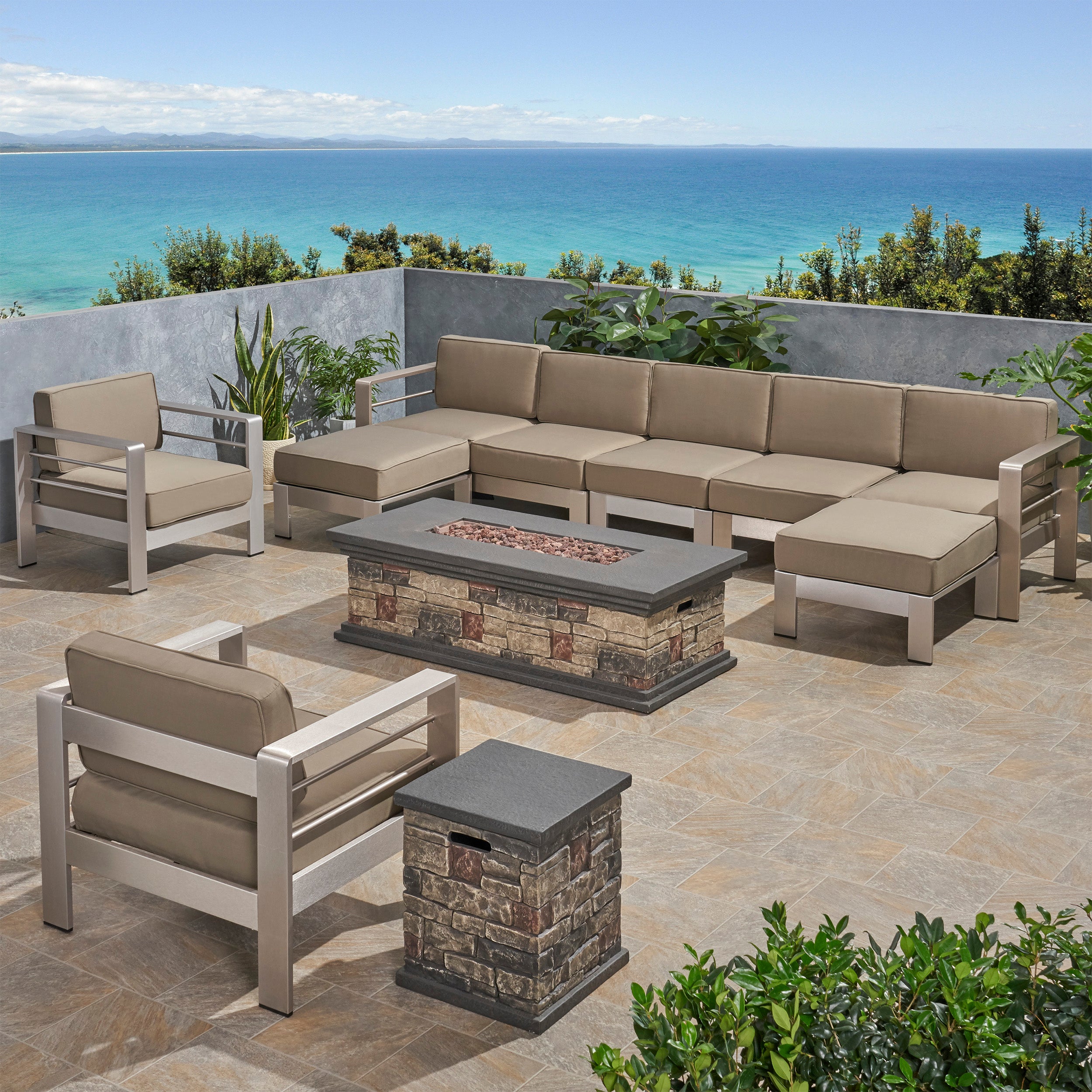 Danae Coral Outdoor 7 Seater Extended Aluminum Chat Set with Fire Pit