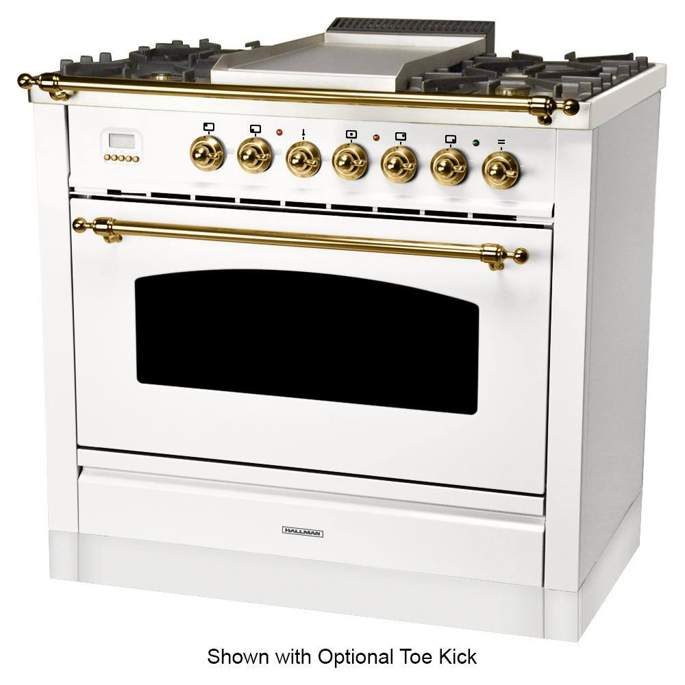 Hallman 36 in. 3.55 cu. ft. Single Oven Dual Fuel Italian Range True Convection 5 Burners Griddle LP Gas Brass Trim in White HDFR36BSWTLP