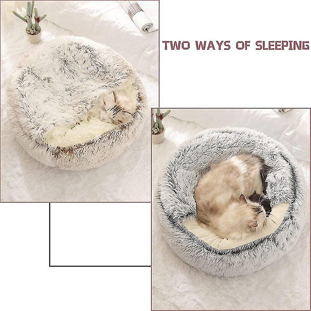 Fluffy Cat Bed， Round， Soft Plush， Den With Hood， Cat Bed， For The Winter， Warm， Sleeping Pillow， Non-slip， Machine Washable， For Cats And Puppies