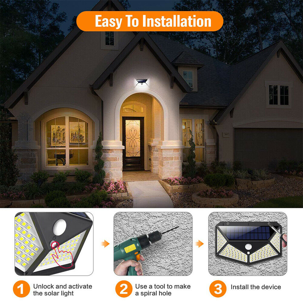 Outdoor Solar Lights Motion Sensor Wall Light Garden Security Lamp 100 LED - Black  Xmas Decor Gift