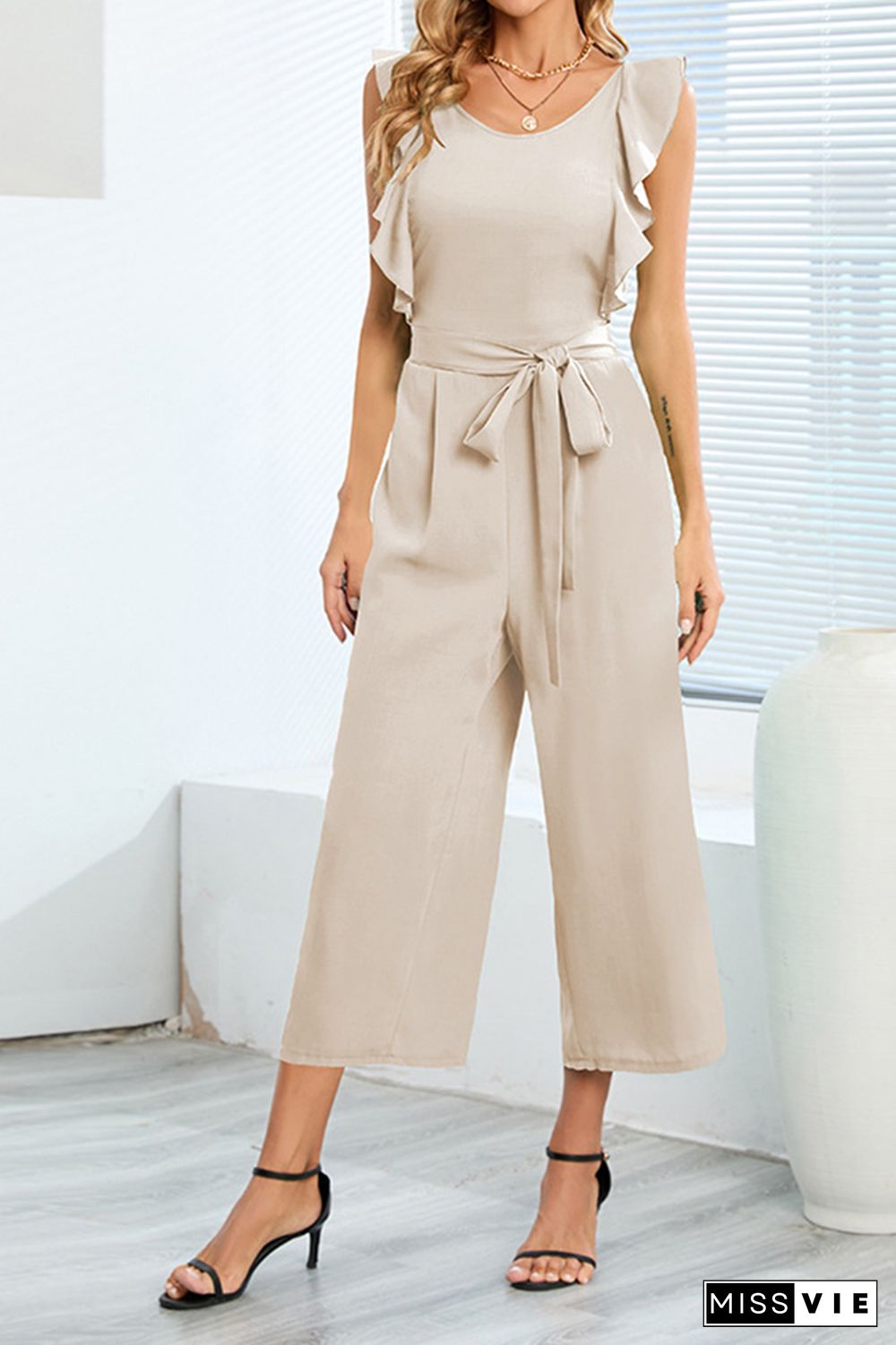 Plain Flutter Sleeveless Wide Leg Jumpsuit