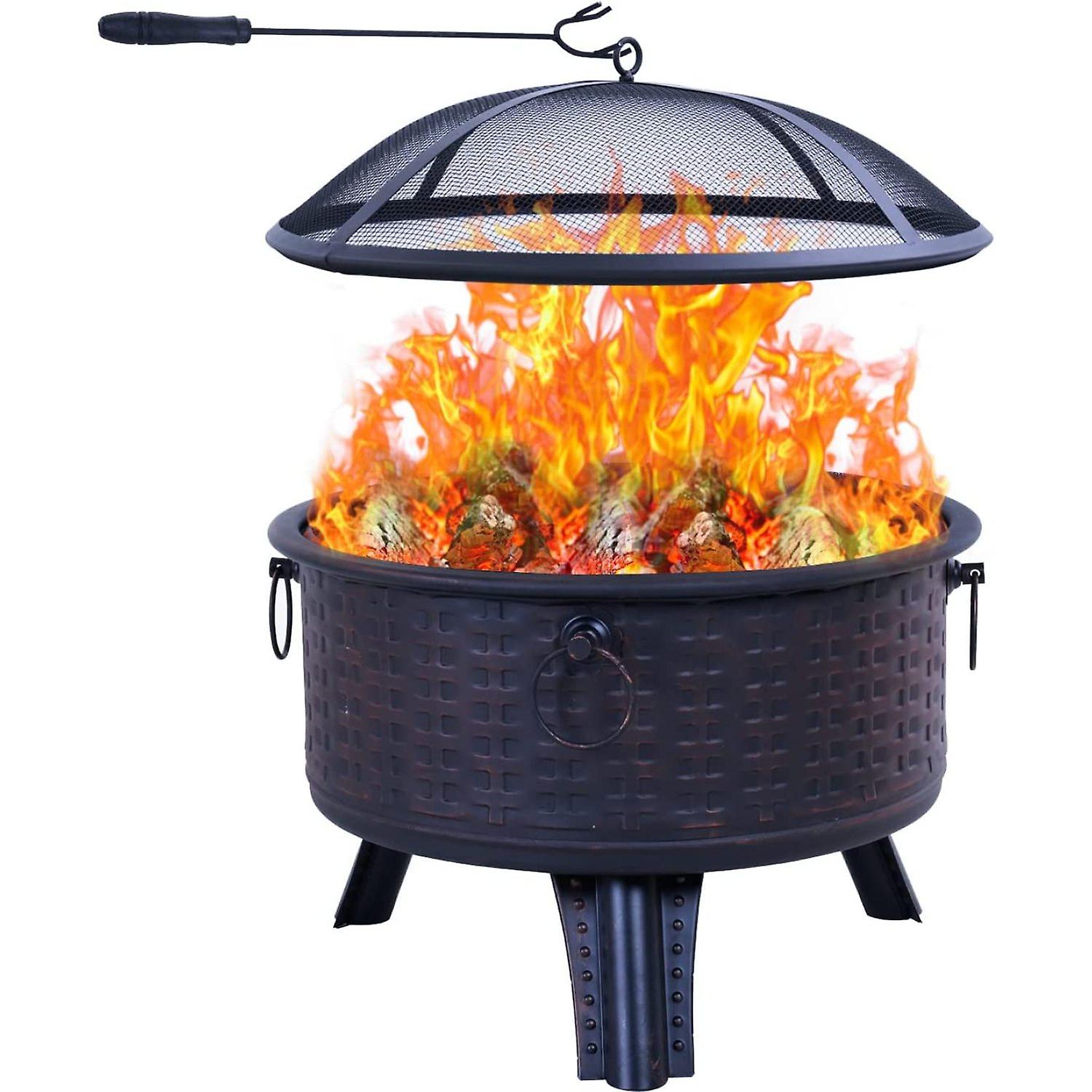 Fire Pits For Outside，round Deep Bonfire Wood Burning Fire Pit With Spark Screen Cover Safe Mesh Lid And Poker