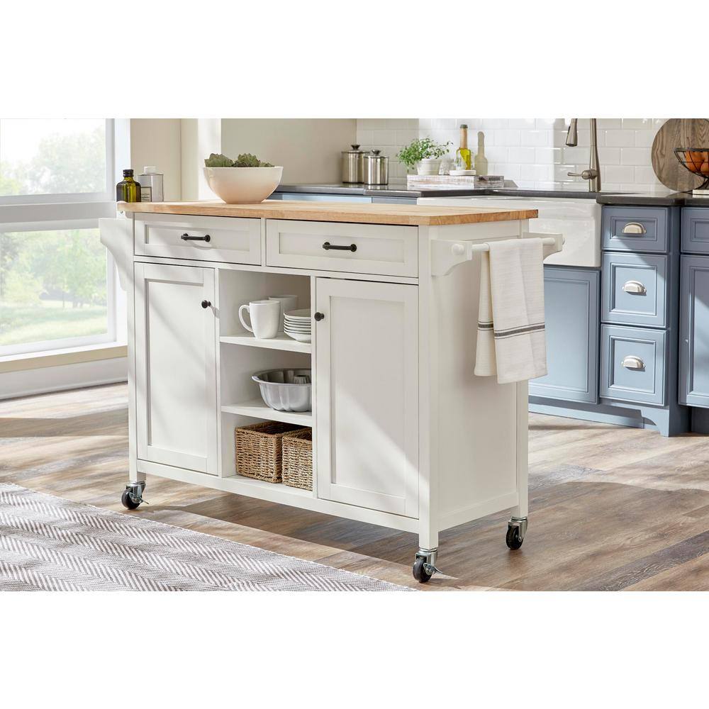 Home Decorators Collection Rockford White Rolling Kitchen Cart with Butcher Block Top and Double-Drawer Storage (56