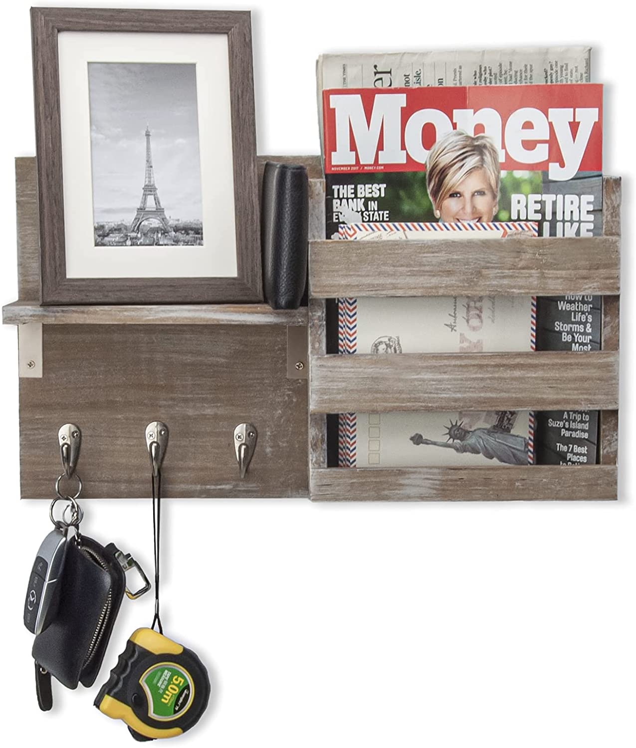 Wall Mount Entryway Mail Envelope Organizer, Key Holder Hooks, Leash Hanging, Coat Rack, Letter & Newspaper Storage, Ornament Home Decorative Floating Shelf, Country Rustic Torched Wood-Dark Grey