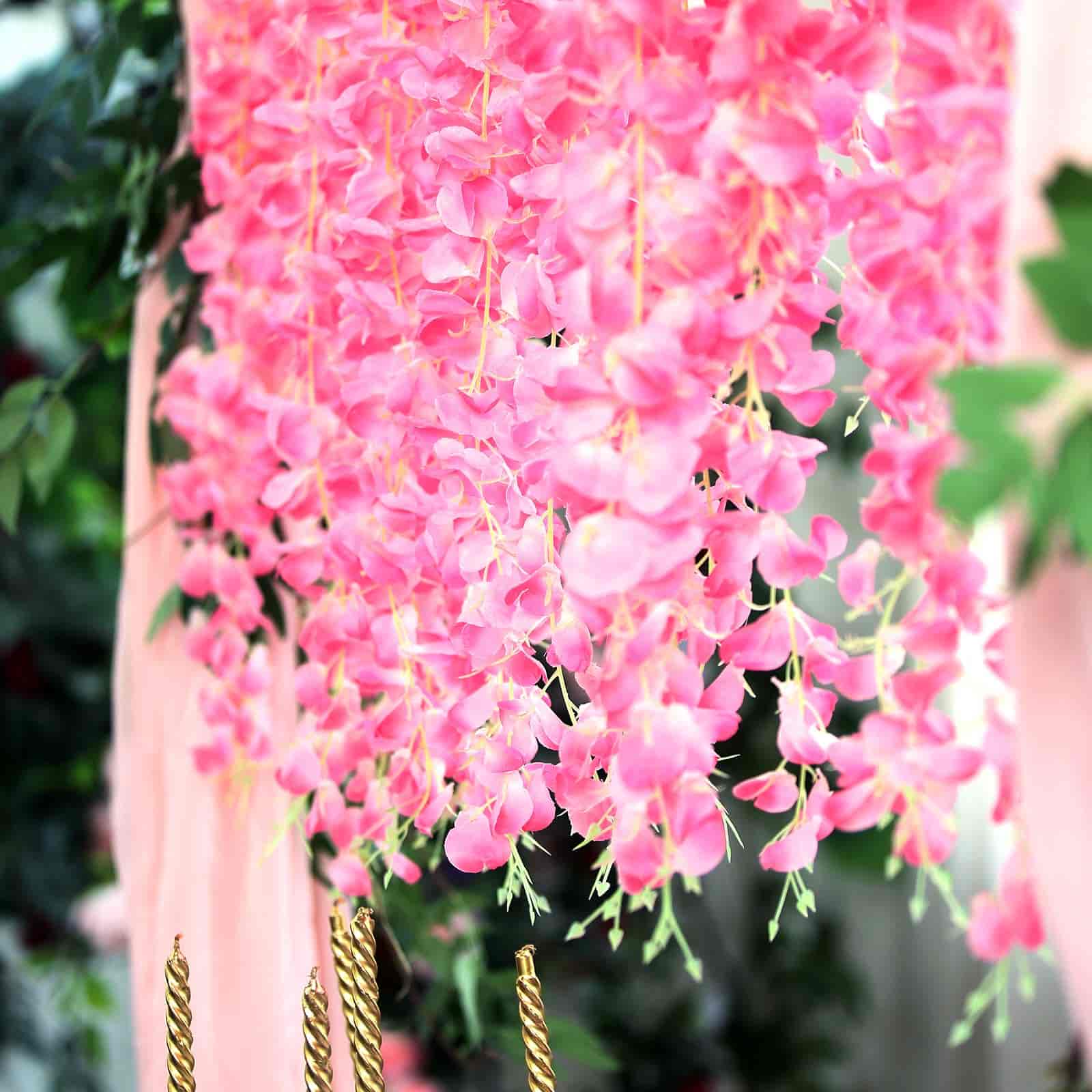 Pink Artificial Silk Hanging Wisteria Flower Garland Vines - Elaborated 5 Full Strands in 1 Bush 42