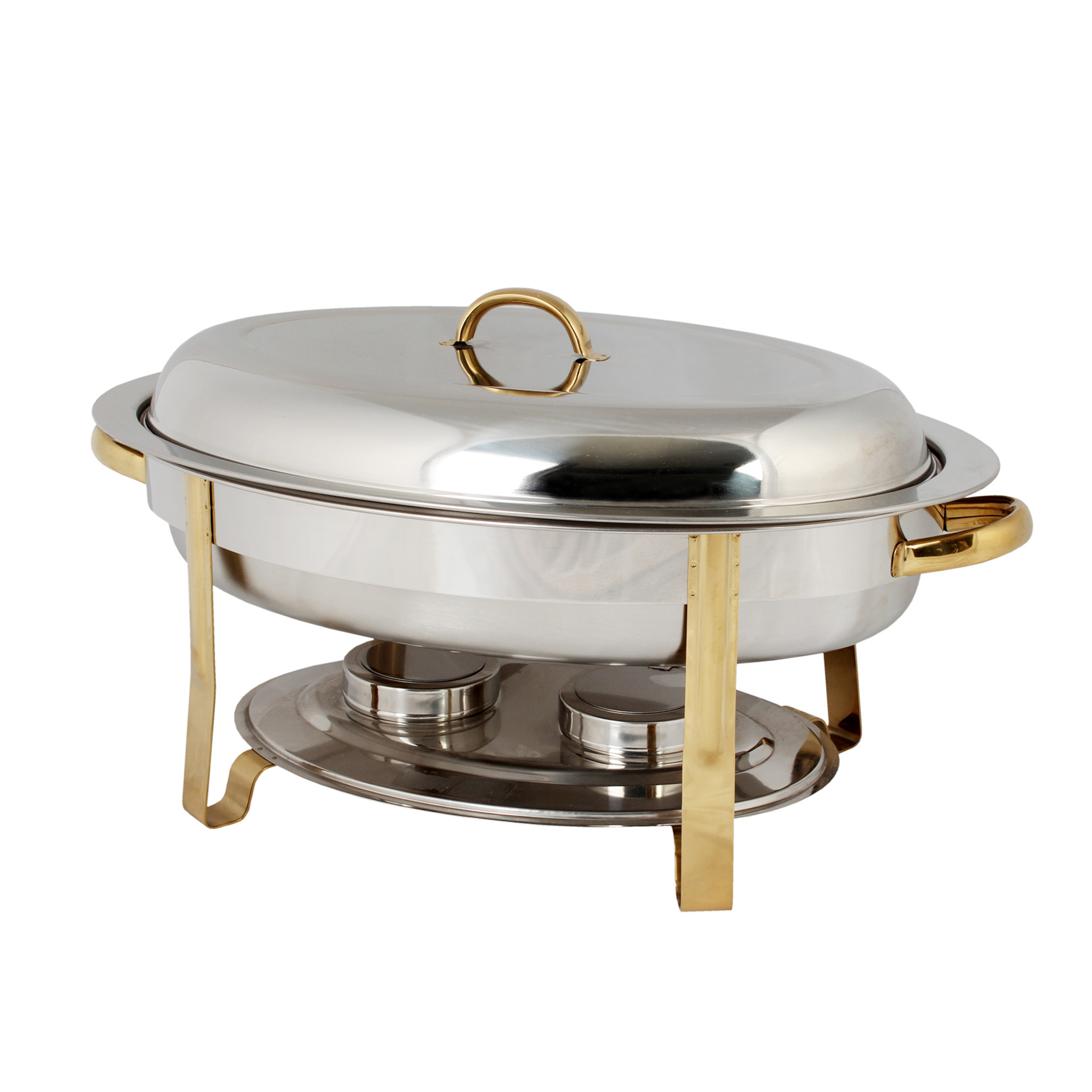 Excellante Stainless steel 6 quart gold accented oval chafer， comes in set