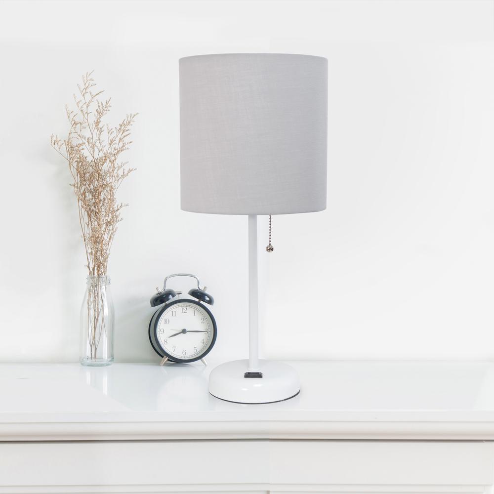 LimeLights White Stick Lamp with Charging Outlet and Fabric Shade