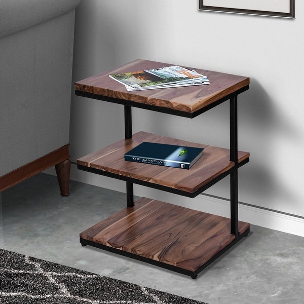 Industrial End Table with 3 Tier Wooden Shelves and Metal Frame for Foyer， Den， Bedroom， or Living Room， Brown and Black