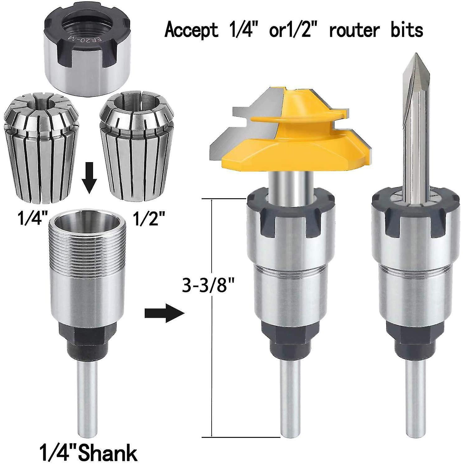 Shank Router Bit Colle Collet Extension Chuck Converter Adapter，convert 1/2，1/4-inch Shank Bit With