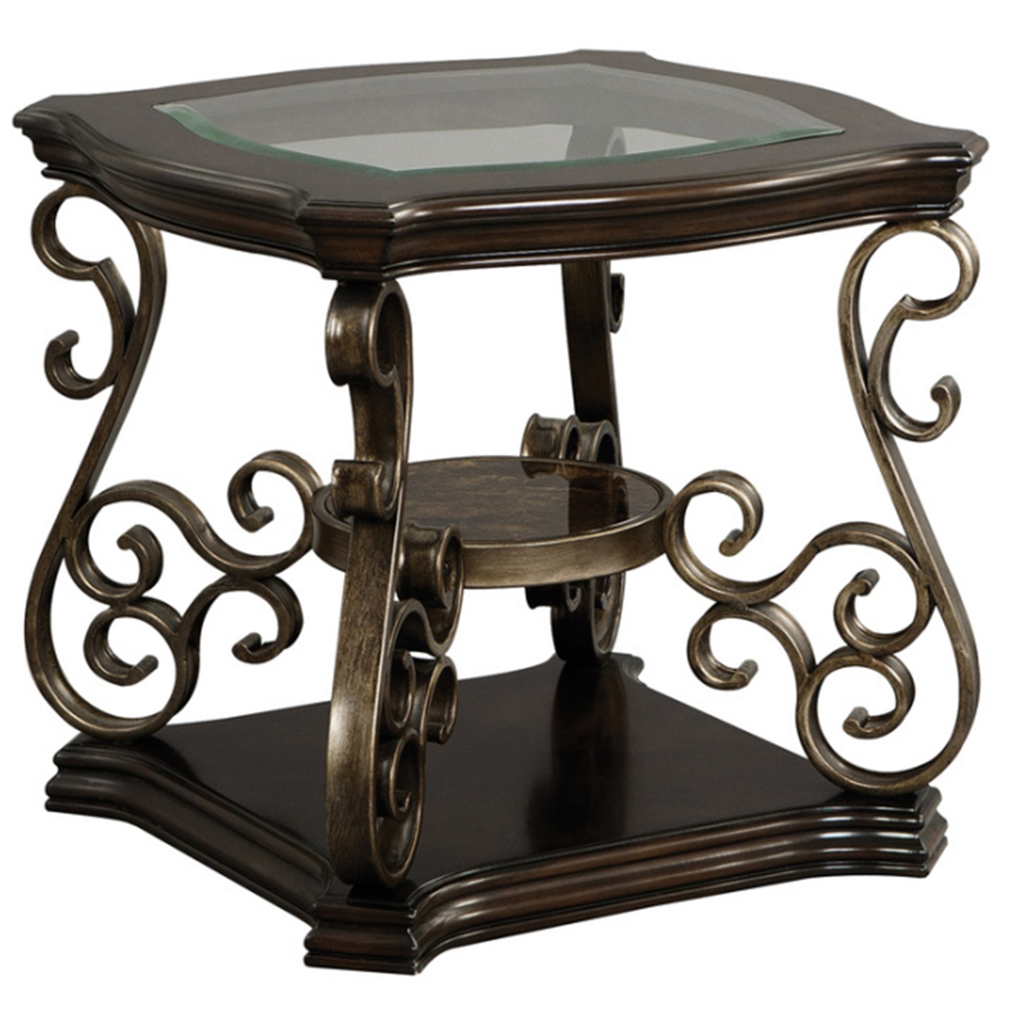 End Table with Glass Top and Scroll Accent， Brown