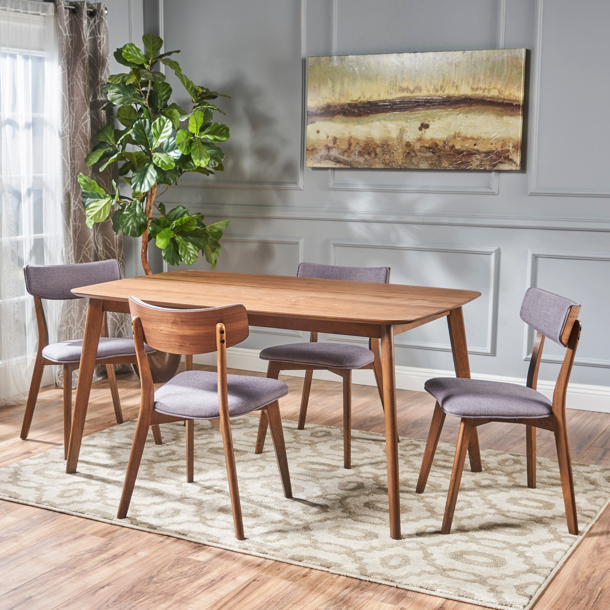 Aman Mid Century Finished 5 Piece Wood Dining Set with Fabric Chairs