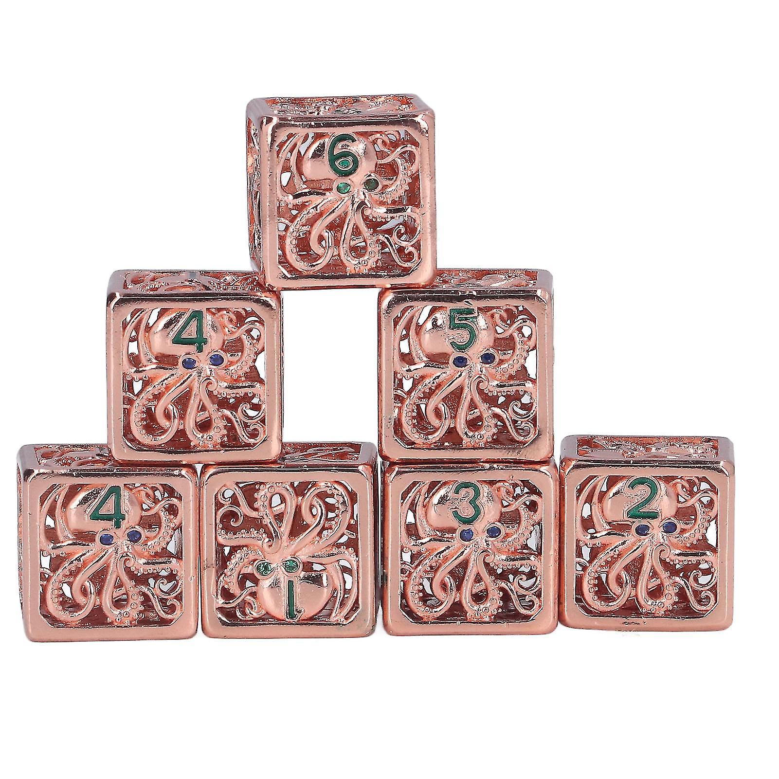 7pcs Hollow Octopus Carved Pattern Dice Holiday Party Square Metal Dice Set Props for Role Playing Games Antique Red Copper