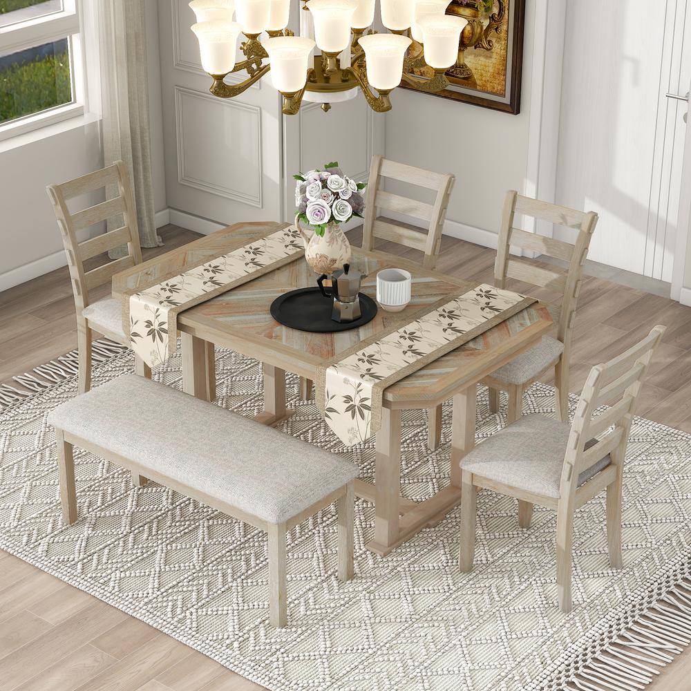 Harper  Bright Designs 6-Piece Natural Beautiful Wood Grain Rubber Wood Dining Table Set with 4 Chairs and 1 Bench XW056AAD