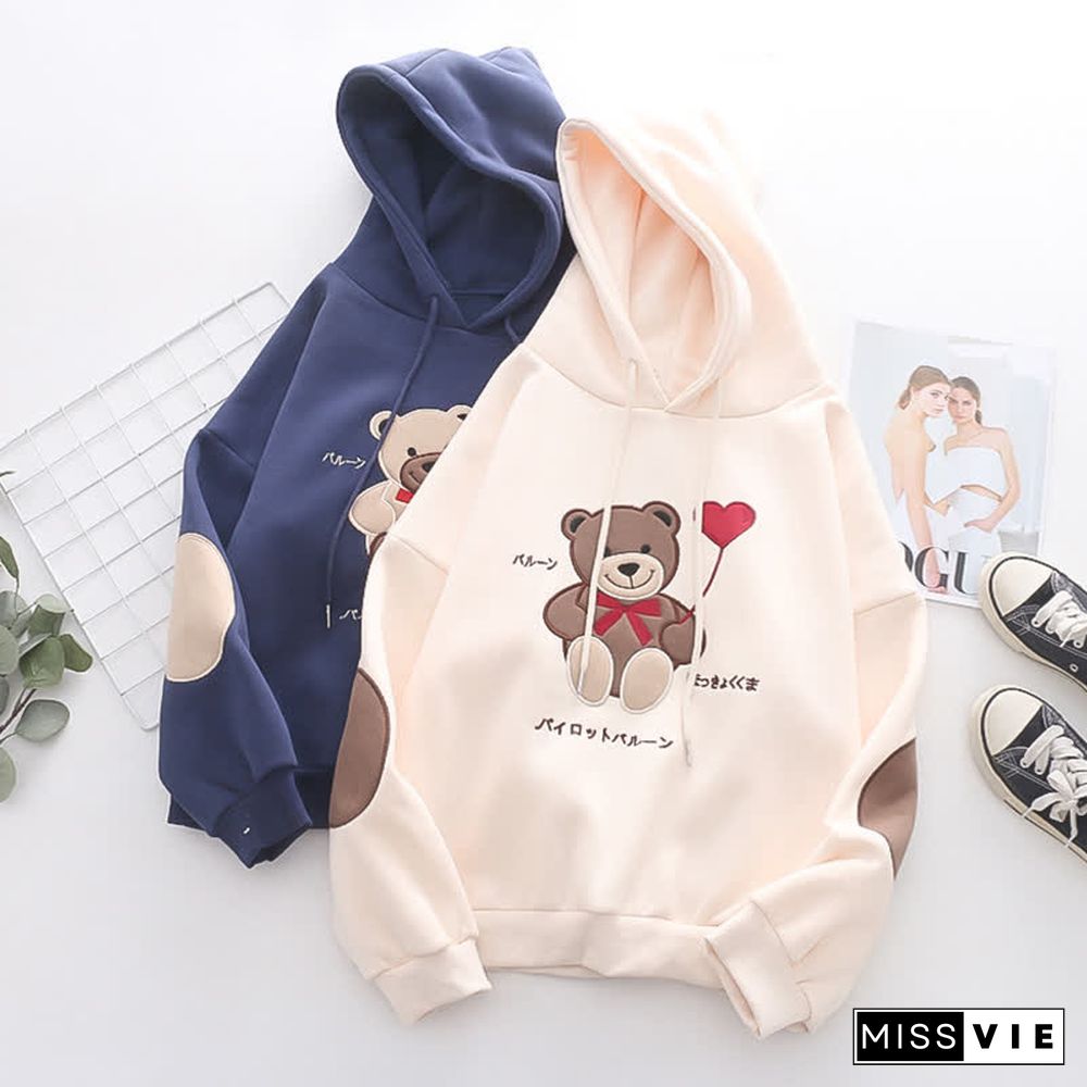 Cartoon Bear Embroidery Loose Plush Hoodie