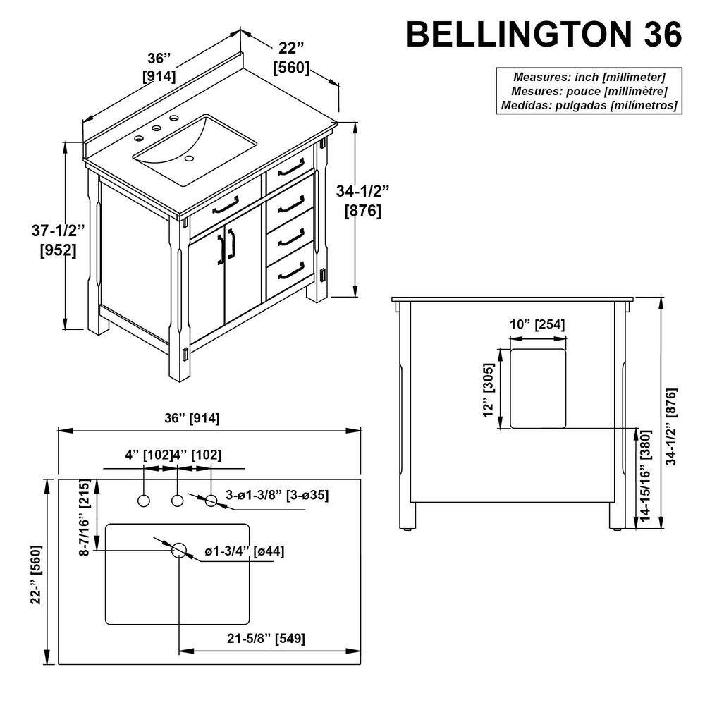 Home Decorators Collection Bellington 36 in. W x 22 in. D x 34.5 in. H Bath Vanity in White with White Engineered Stone Top Bellington 36W