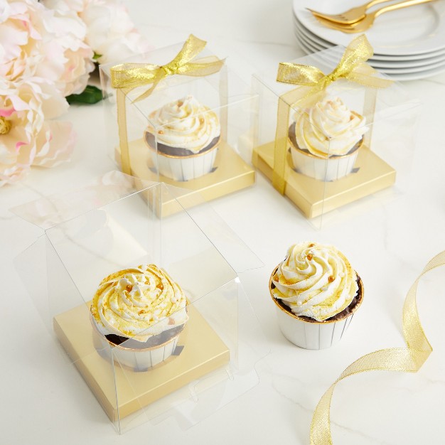 Sparkle And Bash 24 Pack Individual Cupcake Boxes Containers Cupcake Carrier Holder With Gold Ribbon For Wedding Party Favors