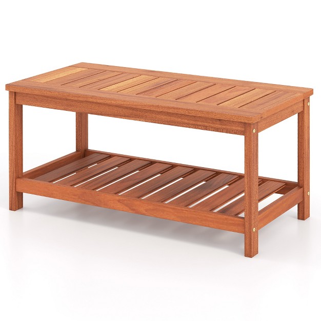 Tangkula Hardwood Outdoor Patio Coffee Table 2 tier Coffee Table W Slat Tabletop amp Storage Shelf Natural