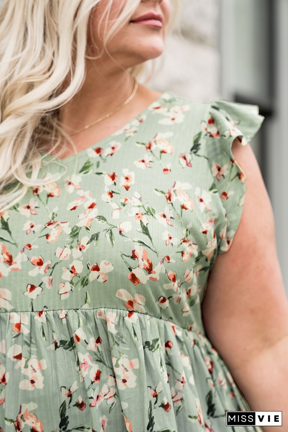 Green Floral Flutter Shoulder Plus Size Tank Top