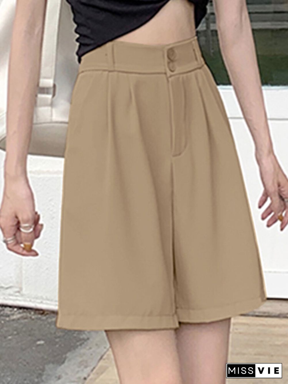 Women Casual Solid Pocket Pleated Wide Leg Shorts