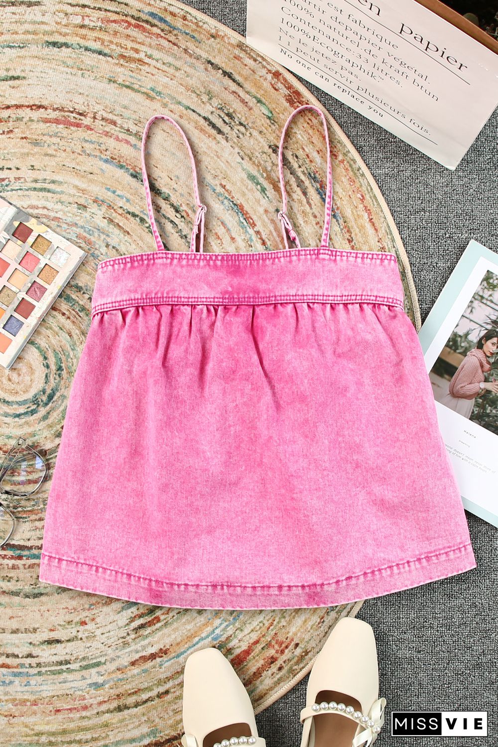 Pink Mineral Wash Denim Smocked Tank Top