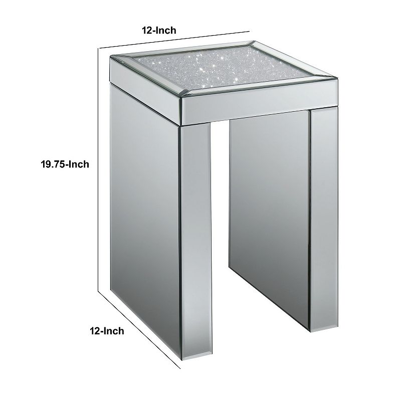 Mirror Panelled Accent Table with Crystal Embellished Top， Silver