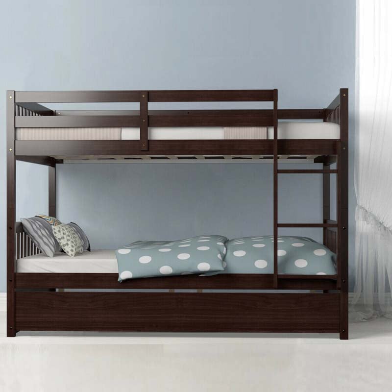 Solid Wood Full Over Full Bunk Bed Frame with Trundle, Safety Ladder & Guardrails, Convertible Bunk Bed for Kids Teens