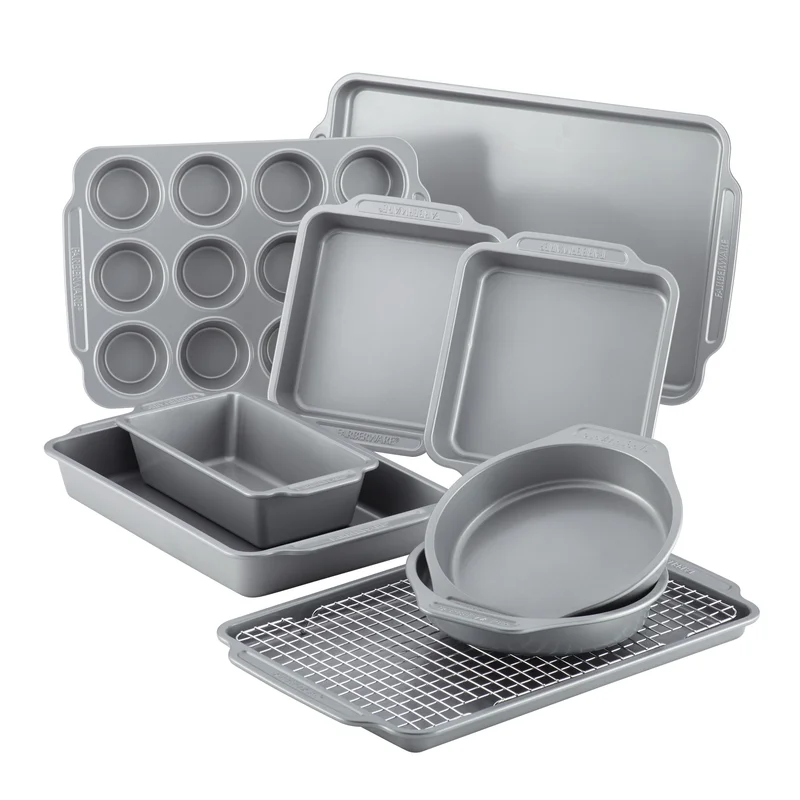 Farberware 46650 Nonstick Steel Bakeware Set with Cooling Rack， Baking Pan and Cookie Sheet Set with Nonstick Bread Pan and Cooling Grid， 10-Piece Set， Gray