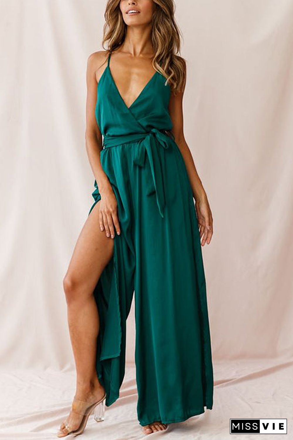 Slit Belted Slip Jumpsuits