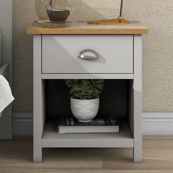 Oak Wooden Gray Solid 1-Drawer Nightstand Side Table