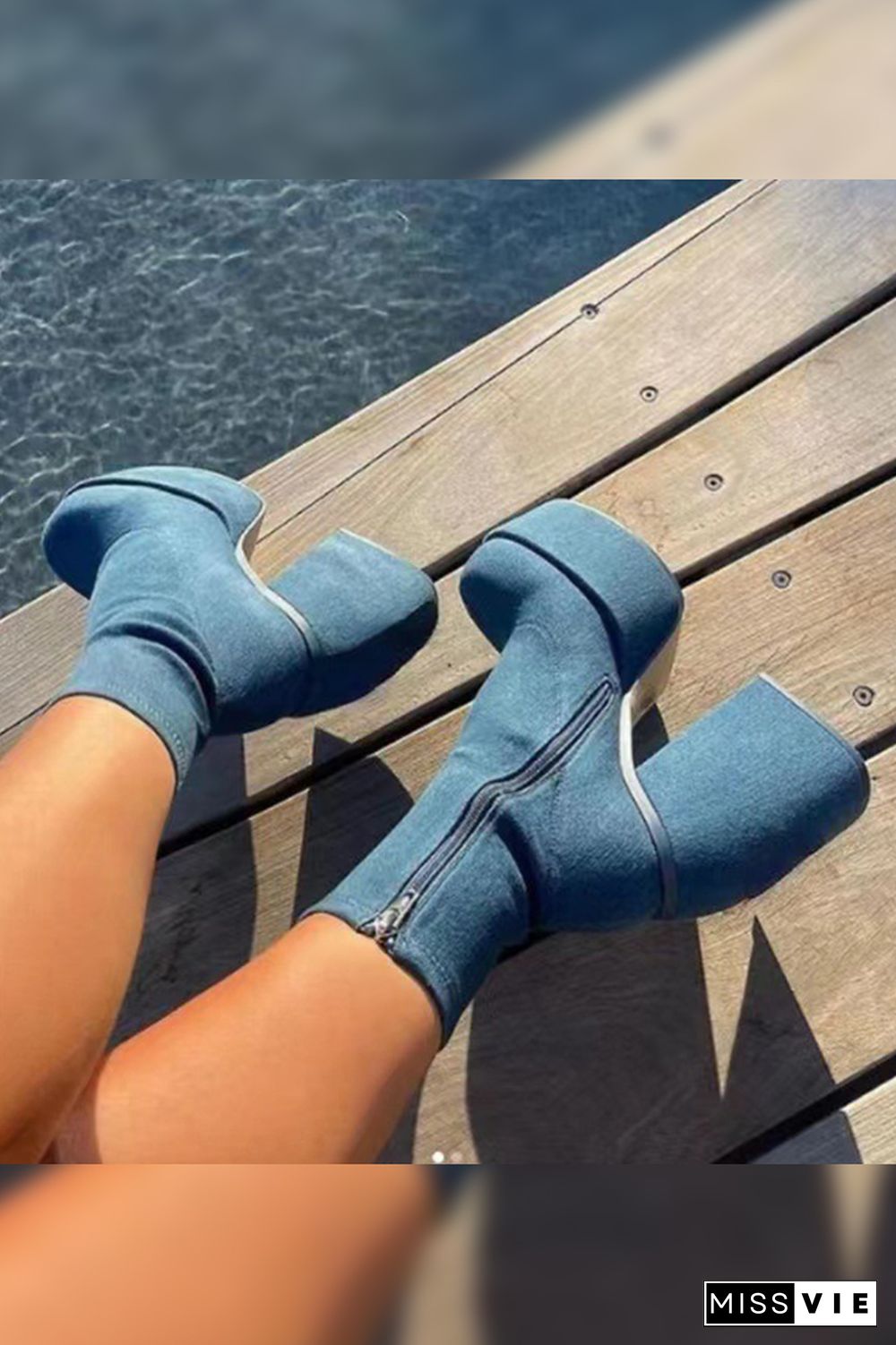 Round Toe Denim High Heels Ankle Zipper Boots