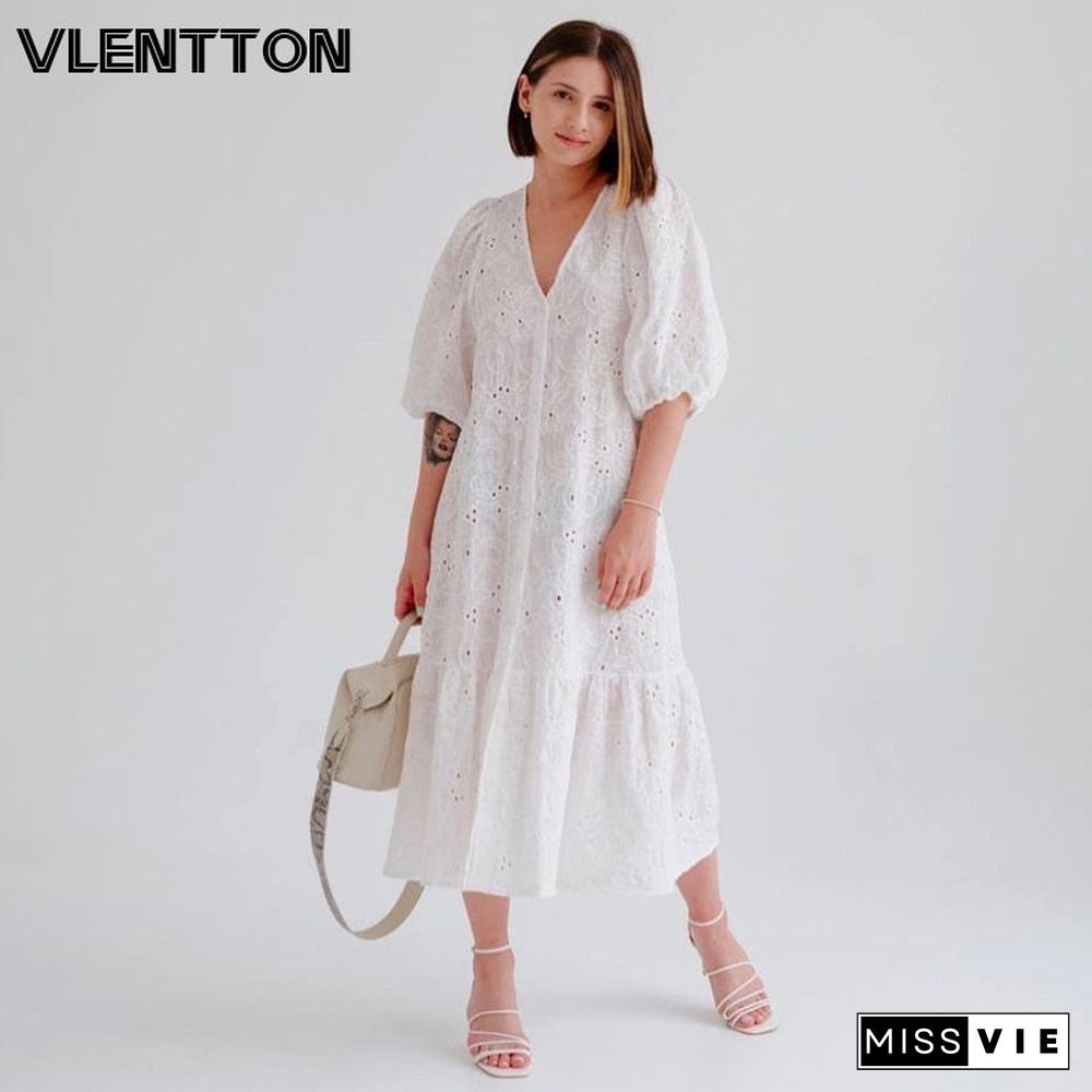 Spring Summer Women White Sexy V-Neck Hollow Party Dress Casual Solid Embroidery Loose Midi Dresses Ladies Vestidos