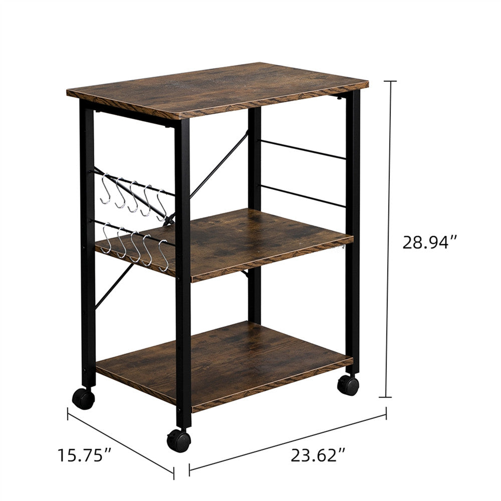 Kitchen Baker’s Rack 3 Tiers Rolling Utility Cart with Hooks Industrial Style Microwave Oven Cart Stand for Living Room Dining Room