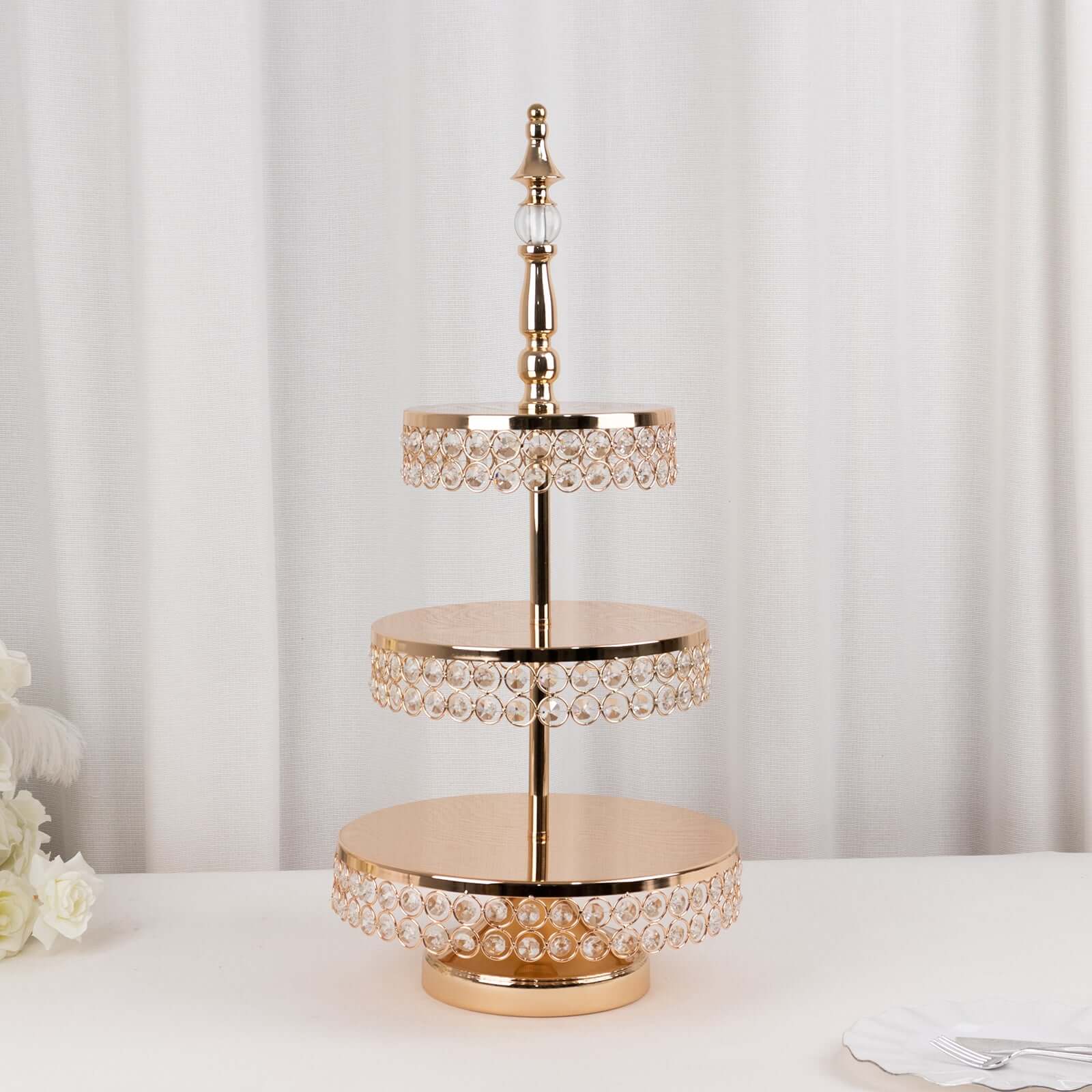 3-Tier Crystal Beaded Gold Metal Cake Stand, Cupcake Tower Dessert Display Stand with Round Mirror Top - 26