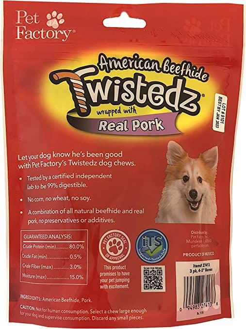 Pet Factory Twistedz 4 to 5-inch Beefhide Bones with Pork Flavored Wrap Dog Hard Chews， 3 count